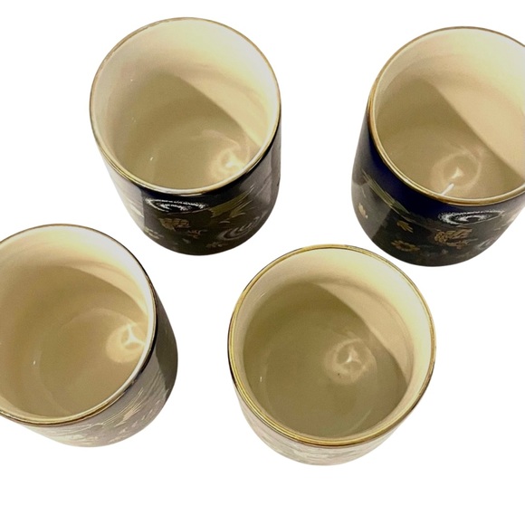 Vintage Japanese Cobalt Blue and Gold Peacock Ceramic Tea Sake Cups Set Of 4 - Picture 4 of 6